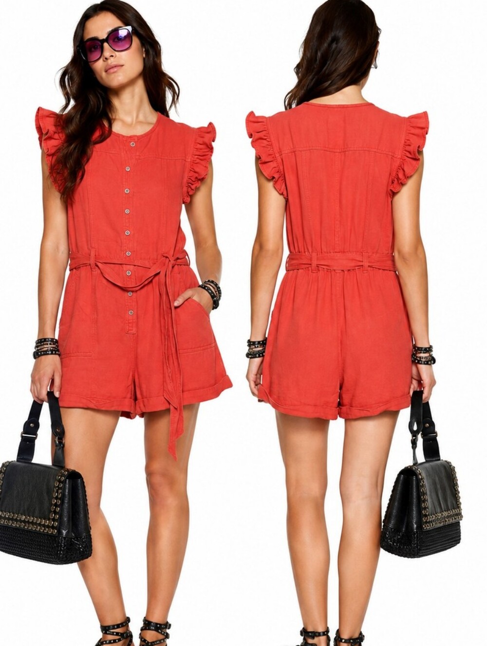 NWT Day + Moon Emily Flounce Denim Romper Red Coral Belted Ruffle Sleeve Cotton